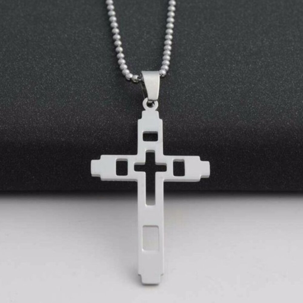Mens Silver Stainless Steel Smooth Cross Pendant Chain Necklace Gorgeous Gift